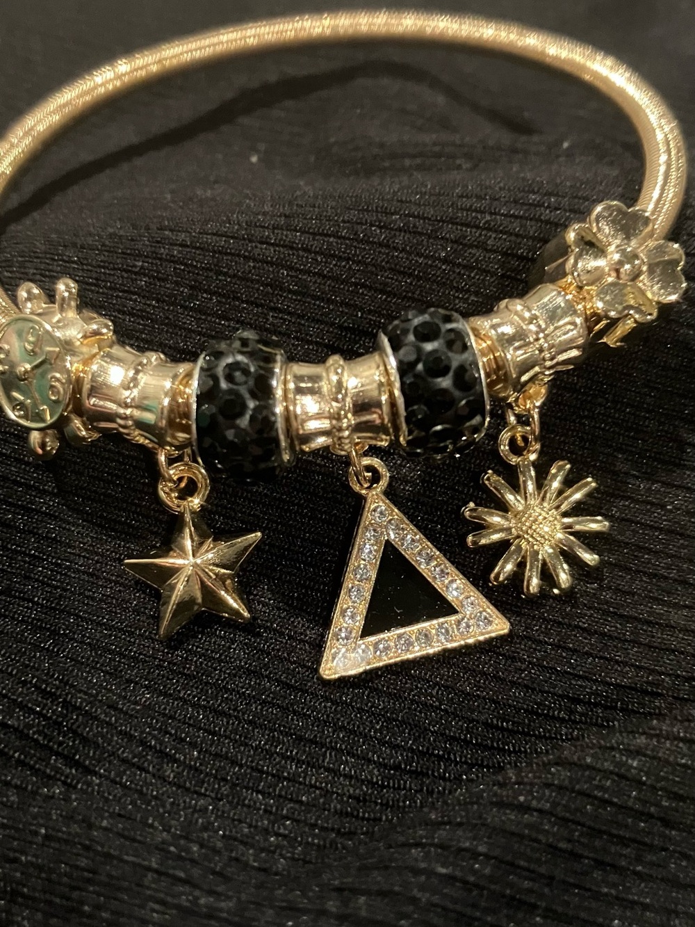 Gold Charm Bracelet with Black Beads and Triangle Pendant